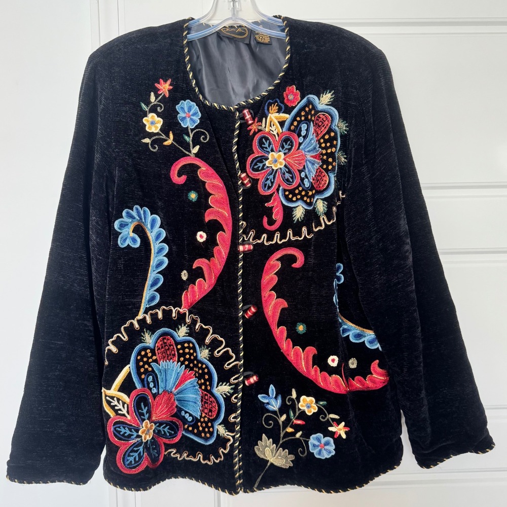 Julia Kim Vintage 90's Floral Embroidery Art To Wear Chenille Jacket Small‎ EUC